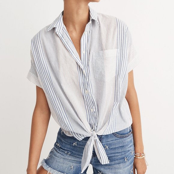 Madewell Tops - Madewell Top L Dolman Relaxed Tie Front Striped Collared Buttons Casual Cotton